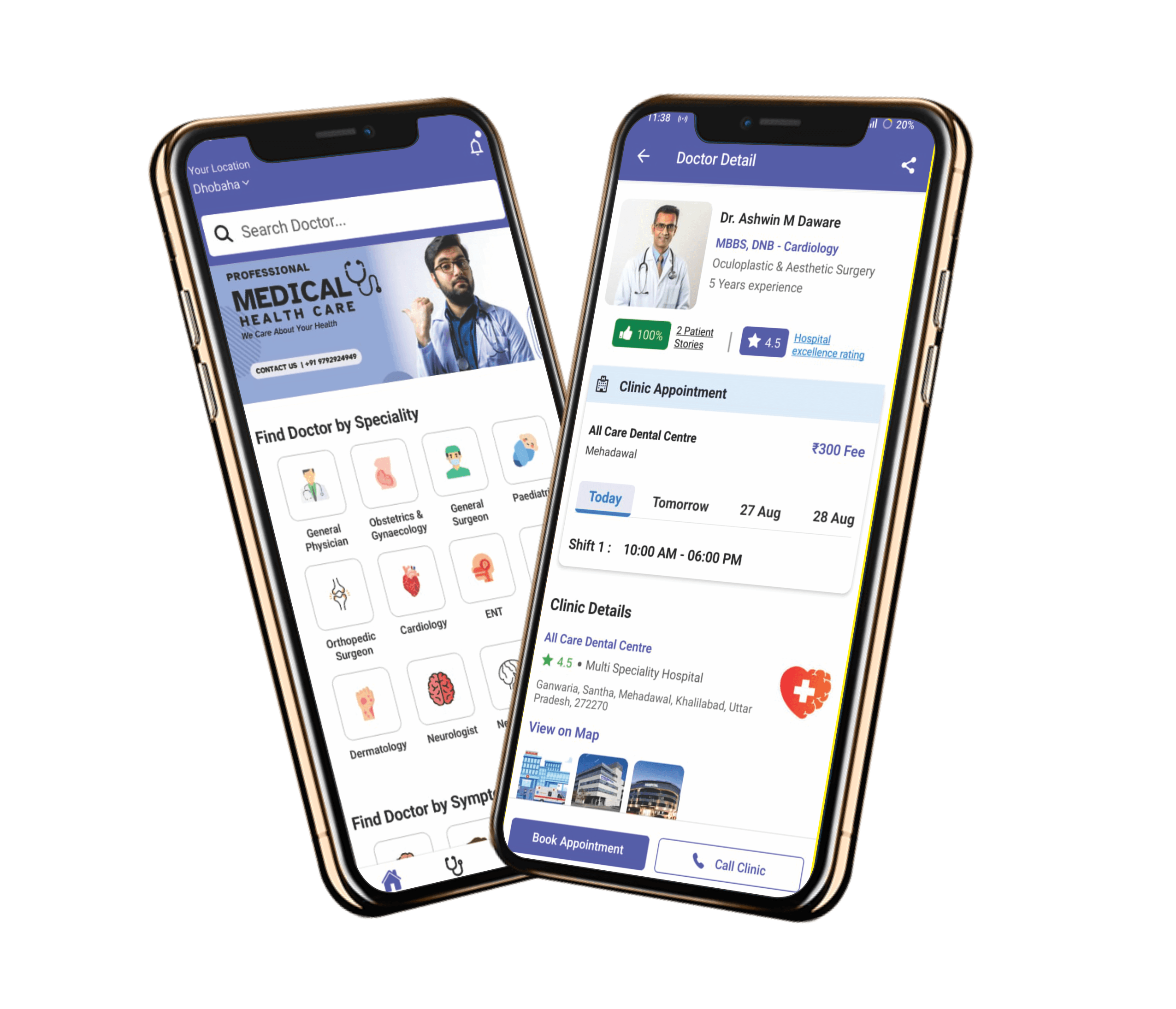 Makapt mobile app interface showing doctor appointment booking